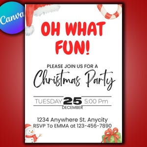 Christmas Party Invitation Kids Holiday Santa Hat Oh What Fun Invite Christmas Birthday, Template Canva