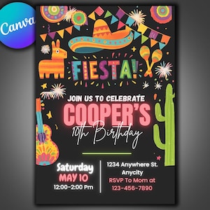 Fiesta Birthday Invitation, Mexican Theme Invitation, Fiesta Invitation, Mexican Papel Birthday Invite, Canva Editable Invitation Template