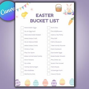 May include: A vertical Easter Bucket List on a white background with pastel illustrations of a chick, bunny, basket, and carrot. The list includes activities like painting eggs, going on an egg hunt, and having a picnic. The Canva logo is in the upper left corner.