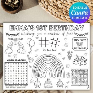 Hoja de actividades para fiesta de cumpleaños arcoíris, recuerdo de fiesta de cumpleaños arcoíris, mantel individual arcoíris, página para colorear de cumpleaños, invitación editable en Canva