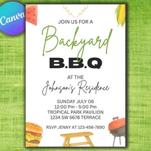Backyard BBQ Party Invitation, Editable BBQ Party Invite, Barbecue Invitation, BBQ Grill Party Invitations, Canva Template