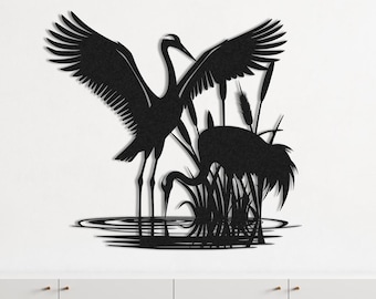 Kranich Metallwandkunst, Reihersilhouette, Vogelwanddekor