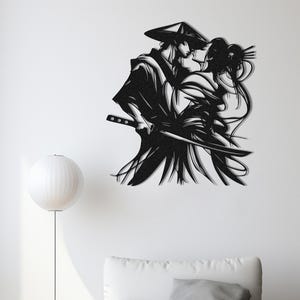 Samurai And Geisha Metal Wall Art, Japanese Love Wall Decor, Romantic Couple Silhouette, Asian Home Decor, Samurai Sword Wall Art