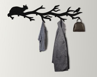 Cat and Bird Branch Metal Wall Hook, Modern Coat Rack