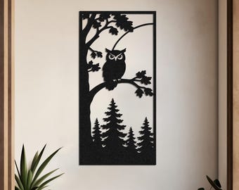 Metal Owl Wall Art, Woodland Forest Scene, Country House Decor, Wildlife Lover Gift