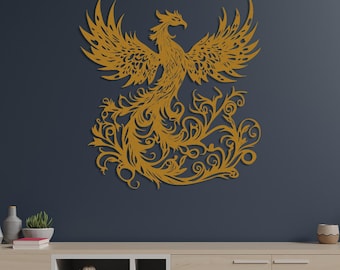 Metall Phoenix Wandkunst, aufgehende Flamme Vogel Skulptur