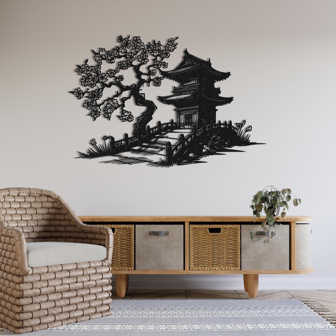 Japanese Temple Metal Wall Art, Sakura Blossom Tree Wall Decor, Asian ...