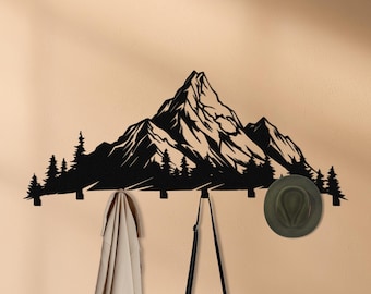 Mountain Landscape Metal Wall Rack, Nature Wall Mounted Hanger, Rustic Entryway Coat Organizer
