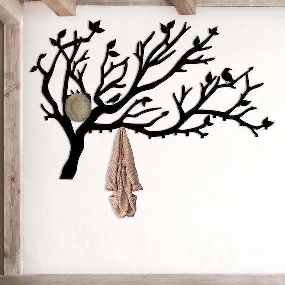 Rustic Bird Tree Metal Wall Art With Hooks, Wall Coat Rack