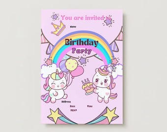 Unicorn birthday party invitation, digital download invite, unicorn birthday, birthday girl invitation