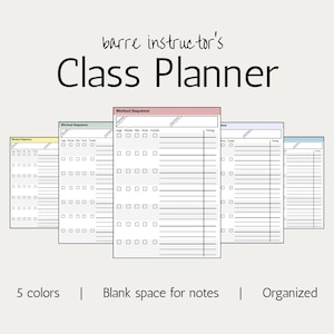 Plantilla de planificación de clases de barra: Hoja de trabajo imprimible para el instructor / Organizar por calentamiento, enfriamiento, abdominales, brazos, glúteos, piernas y cardio