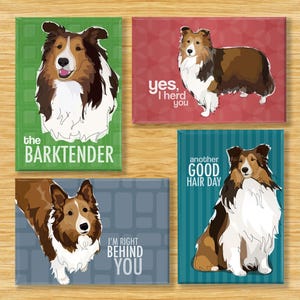 Sheltie Magnets Set of Four Shetland Sheepdog Fridge Magnets with Funny Sayings, Herding Dog Humor, Whimsical Original Sheltie Illustrations