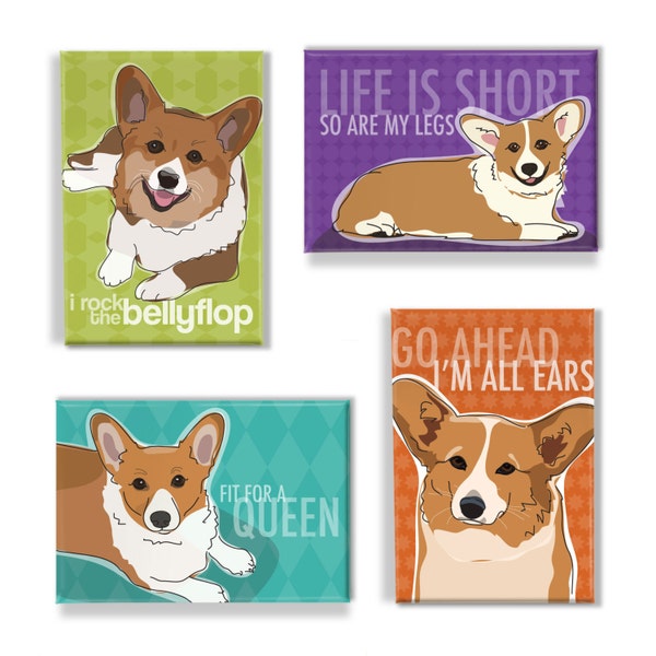 Corgi Gifts Set of 4 Fridge Magnets with Funny Red Pembroke Welsh Corgi Sayings
