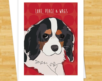 Cavalier King Charles Christmas Card - Love Peace Wags - Tricolor Tri Cavalier Holiday Christmas Dog Cards