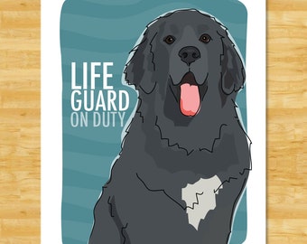 Newfoundland Art Print - Lifeguard on Duty - Black Newfie Newfoundland Gifts Dog Pop Art