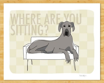 Great Dane Art Print - Where Are You Sitting - Blue Great Dane Gifts Dog Art