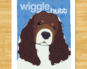 Cocker Spaniel Art Print - Wiggle Butt - Chocolate Brown and White Cocker Spaniel Gifts Funny Dog Pop Art