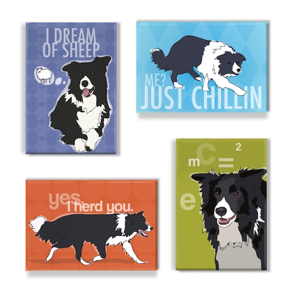 Border Collie Fridge Magnets Set of 4 with Funny Dog Sayings