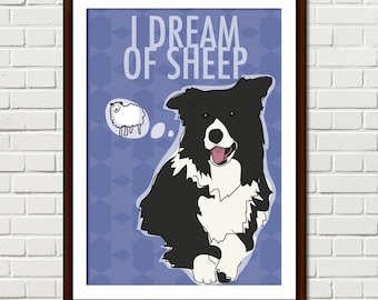 Border Collie Art Print – Funny Dog Breed Illustration – Herding Dogs Dream of Sheep