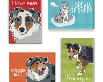 Australian Shepherd Gifts Set of 4 Fridge Magnets with Blue Merle Aussies - Funny Dog Magnets Pack