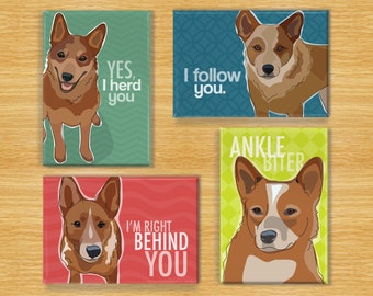 Red Heeler Fridge Magnet Set, 4 Funny Australian Cattle Dog Magnets in Gift Booklet