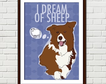 Red Border Collie Art Print – Funny Dog Breed Illustration – Herding Dogs Dream of Sheep