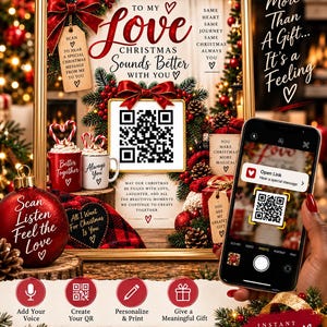 Op de afbeelding: Een QR-code sjabloon voor een kerst-spraakbericht met een gouden lijst, rode strikken, dennentakken en mokken met de tekst Better Together en Always You. De tekst luidt To My Love Christmas Sounds Better With You.