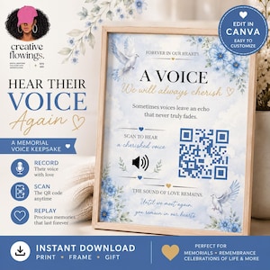 May include: A memorial sign in a wooden frame featuring blue floral accents, two white doves, and a QR code. The text reads: A VOICE We will always cherish, Sometimes voices leave an echo that never truly fades, SCAN TO HEAR a cherished voice, THE SOUND OF LOVE REMAINS, Until we meet again, you remain in our hearts.