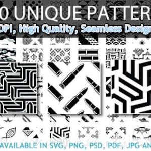 Puede incluir: Una colección de 200 patrones únicos en blanco y negro. La imagen muestra varios diseños, incluyendo formas geométricas e ilustraciones. El texto en la parte superior dice "200 UNIQUE PATTERNS" y "300 DPI, High Quality, Seamless Designs". El texto inferior indica los formatos de archivo disponibles.