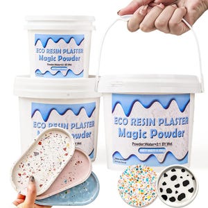 May include: White buckets of "ECO RESIN PLASTER Magic Powder" with text. The image also shows resin casting trays and coasters in various colors and patterns. The text "Resin Casting Powder" is at the bottom.