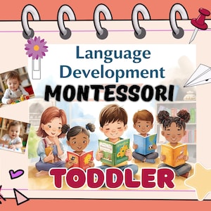 Pode incluir: Ilustração colorida que promove o desenvolvimento da linguagem e a educação Montessori para crianças pequenas. A imagem apresenta crianças lendo livros, com as palavras "Language Development Montessori Toddler" em destaque. Elementos decorativos são incluídos.