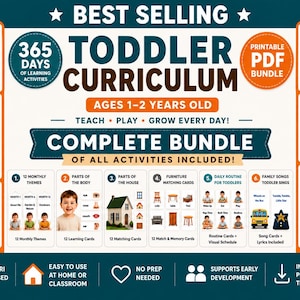 May include: A printable PDF toddler curriculum bundle for ages 1-2 years old, featuring 365 days of learning activities. The educational material includes sections on body parts, daily routines, house parts, furniture matching, shapes, and family songs.