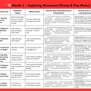 May include: A colorful educational chart titled "Month 1 - Exploring Movement (Gross & Fine Motor)" with activity titles, materials, and step-by-step guides for children. The chart is designed for early childhood development.