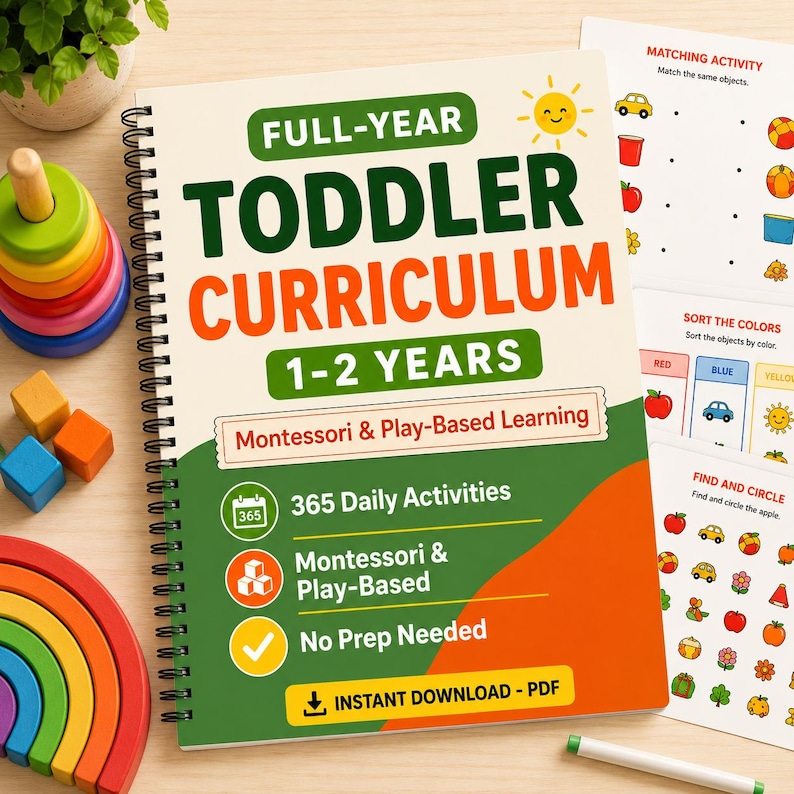 Może przedstawiać: Spiralny zeszyt ćwiczeń zatytułowany Full-Year Toddler Curriculum 1-2 Years, zawierający naukę metodą Montessori i poprzez zabawę, 365 codziennych zajęć i brak konieczności przygotowań. Okładka zawiera ż&oacute;łte słońce i informację o pliku PDF.