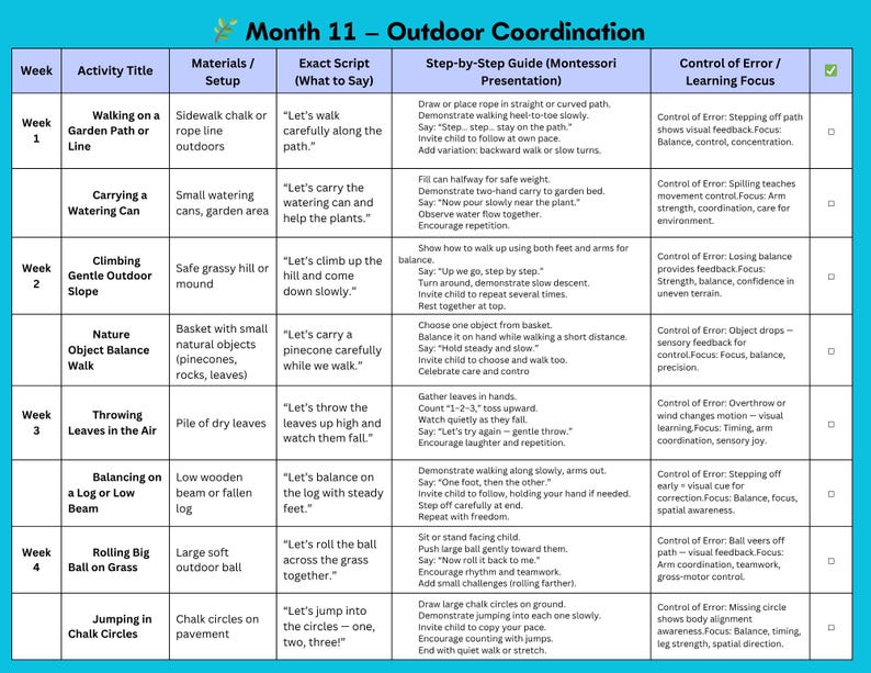 May include: A Montessori-style educational chart for Month 11, focusing on outdoor coordination. It details activities like walking, carrying, climbing, and balancing, with step-by-step guides and learning focus areas.