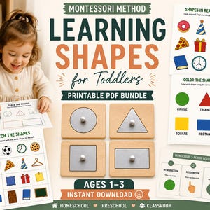 Puede incluir: Un paquete de PDF imprimible del método Montessori para aprender formas, que incluye hojas de trabajo con actividades de trazo, emparejamiento y coloreado, junto con cuatro rompecabezas geométricos de madera con pomos plateados y una tarjeta de lección.
