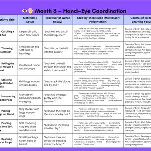 May include: A purple and white educational chart titled "Month 3 - Hand-Eye Coordination" with activity titles, materials, and step-by-step guides for children. The chart includes activities like catching a soft ball and stacking wooden blocks.