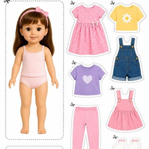 Może przedstawiać: Arkusz ćwiczeń Dressing Practice z lalką o brązowych włosach i r&oacute;żowej opasce, ubraną w jasnor&oacute;żową koszulkę i majtki. Zawiera ubrania do wycięcia: r&oacute;żową sukienkę w kropki, ż&oacute;łtą koszulkę w stokrotki, dżinsowe ogrodniczki, fioletową koszulkę w serce, r&oacute;żowe legginsy, r&oacute;żową sukienkę na szelkach, białe skarpetki i białe trampki.