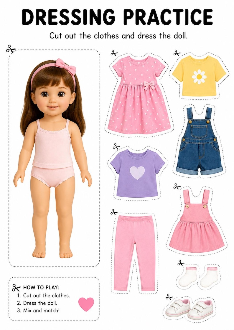 Może przedstawiać: Arkusz ćwiczeń Dressing Practice z lalką o brązowych włosach i r&oacute;żowej opasce, ubraną w jasnor&oacute;żową koszulkę i majtki. Zawiera ubrania do wycięcia: r&oacute;żową sukienkę w kropki, ż&oacute;łtą koszulkę w stokrotki, dżinsowe ogrodniczki, fioletową koszulkę w serce, r&oacute;żowe legginsy, r&oacute;żową sukienkę na szelkach, białe skarpetki i białe trampki.