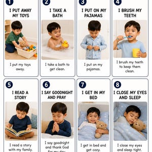 Może przedstawiać: Biały plakat edukacyjny zatytułowany MY BEDTIME ROUTINE z ośmioma ponumerowanymi panelami przedstawiającymi dziecko wykonujące czynności takie jak sprzątanie zabawek, kąpiel, mycie zęb&oacute;w, czytanie i spanie, z sekcją GOOD JOB oraz ikonami.