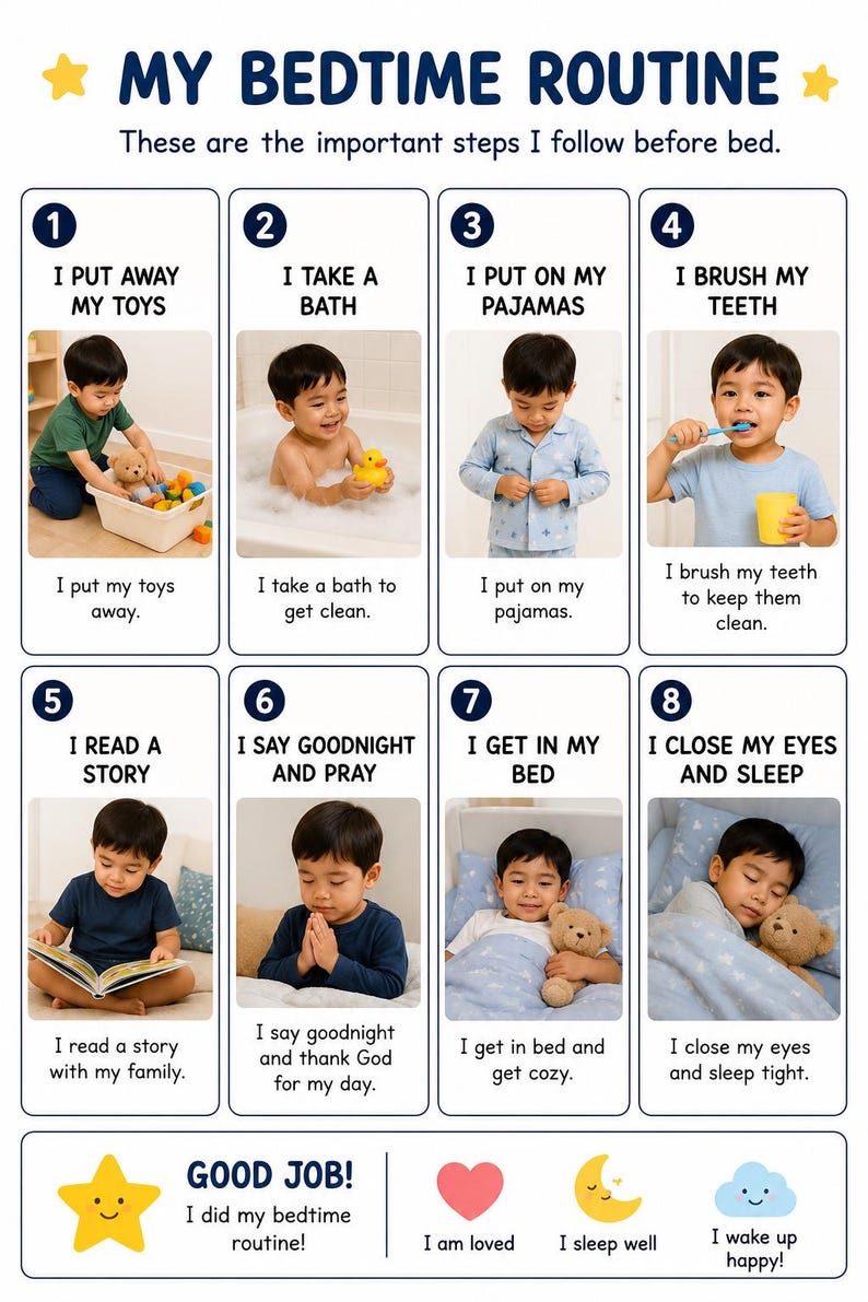 Może przedstawiać: Biały plakat edukacyjny zatytułowany MY BEDTIME ROUTINE z ośmioma ponumerowanymi panelami przedstawiającymi dziecko wykonujące czynności takie jak sprzątanie zabawek, kąpiel, mycie zęb&oacute;w, czytanie i spanie, z sekcją GOOD JOB oraz ikonami.