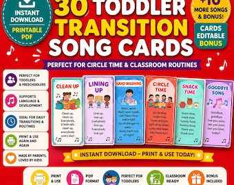 Preschool Transition Songs PRINTABLE | Toddler Classroom Management  Song Cards PDF | Circle Time Routine Chart