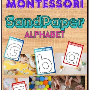 May include: A set of Montessori sandpaper alphabet cards with the letters G, b, a, and E. The cards are red, blue, and green with the letters in black. The cards are on a wooden surface. There are also pom poms and a bowl of sand with shells.