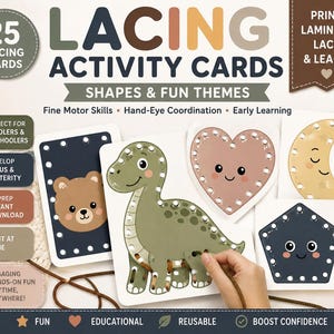 Pode incluir: Um conjunto de 25 cartões de atividades de laço com formas e temas incluindo um urso, dinossauro, coração, lua e pentágono. Os cartões têm furos pré-perfurados. O texto inclui 'LACING ACTIVITY CARDS', 'SHAPES & FUN THEMES' e 'PRINT LAMINATE LACE & LEARN!'