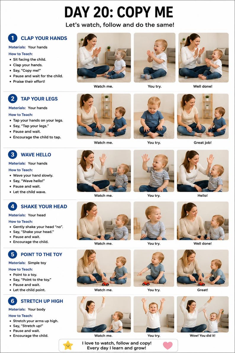Może przedstawiać: Edukacyjna infografika zatytułowana DAY 20: COPY ME, zawierająca sześć ponumerowanych krok&oacute;w z instrukcjami tekstowymi oraz sekwencjami zdjęć przedstawiającymi interakcję dorosłego z dzieckiem. Wykres prezentuje czynności takie jak klaskanie i machanie.