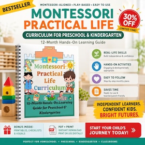 Könnte beinhalten: Ein spiralgebundener Montessori Practical Life Lehrplan für Vorschule und Kindergarten. Das Cover zeigt Zeichentrickkinder, einen Drachen und eine Sonne. Der Text umfasst 12-Month Hands-On Learning Guide, Real-Life Skills und Independent Learners.