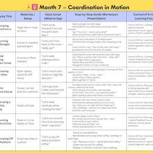 May include: A colorful educational chart titled "Month 7 - Coordination in Motion" with activity titles, materials, and step-by-step guides. The chart is designed for children's physical development.