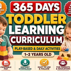 Könnte beinhalten: Eine digitale Bildungsressource mit dem Titel 365 DAYS TODDLER LEARNING CURRICULUM PLAY-BASED & DAILY ACTIVITIES 1-2 YEARS OLD. Die Grafik enthält Text, Symbole für druckbare PDFs und Sofort-Downloads sowie Bilder von Kindern, die mit Holzklötzen spielen.