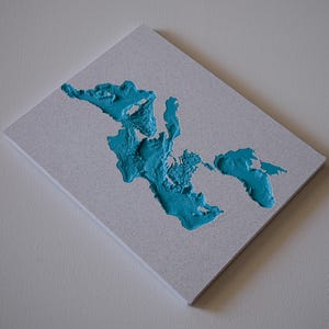 May include: A textured, off-white rectangular canvas with a raised, turquoise-colored abstract design. The design appears to be a stylized map or geographical representation. The artwork is set against a plain white background.