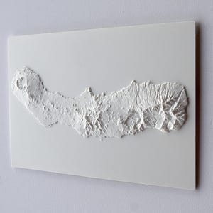 May include: A white relief map of an island, showcasing detailed topographical features. The raised surface depicts the island's contours, including mountains and valleys, against a flat white background. The artwork is mounted on a rectangular white panel.